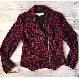 BOSTON PROPER Lace Red Black Side Zip Moto Jacket